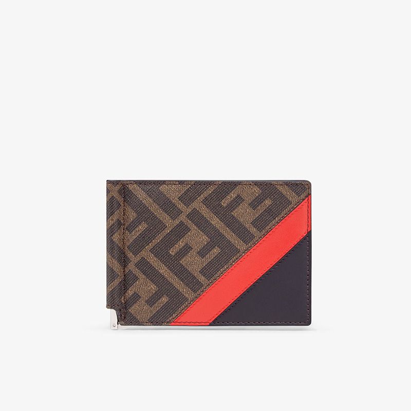 Affordable Fendi Bill Clip In FF Motif Fabric Brown Red