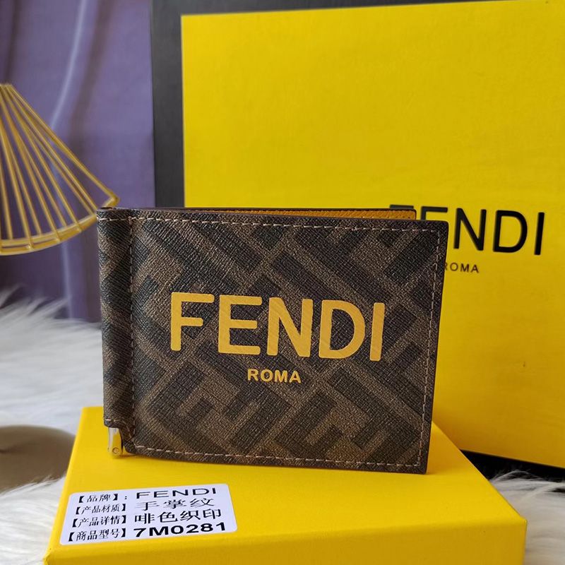 Affordable Fendi Bill Clip In ROMA Logo FF Motif Fabric Brown