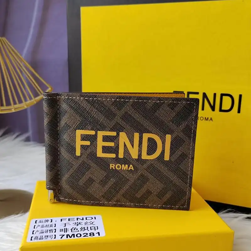 Affordable Fendi Bill Clip In ROMA Logo FF Motif Fabric Brown