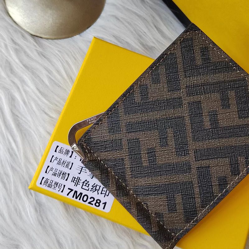 Affordable Fendi Bill Clip In ROMA Logo FF Motif Fabric Brown