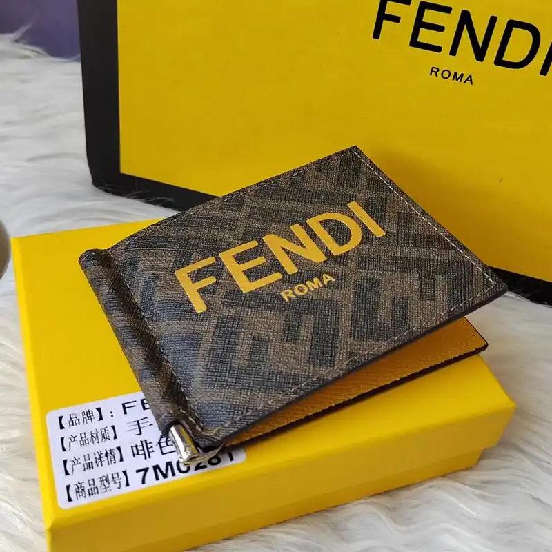 Affordable Fendi Bill Clip In ROMA Logo FF Motif Fabric Brown