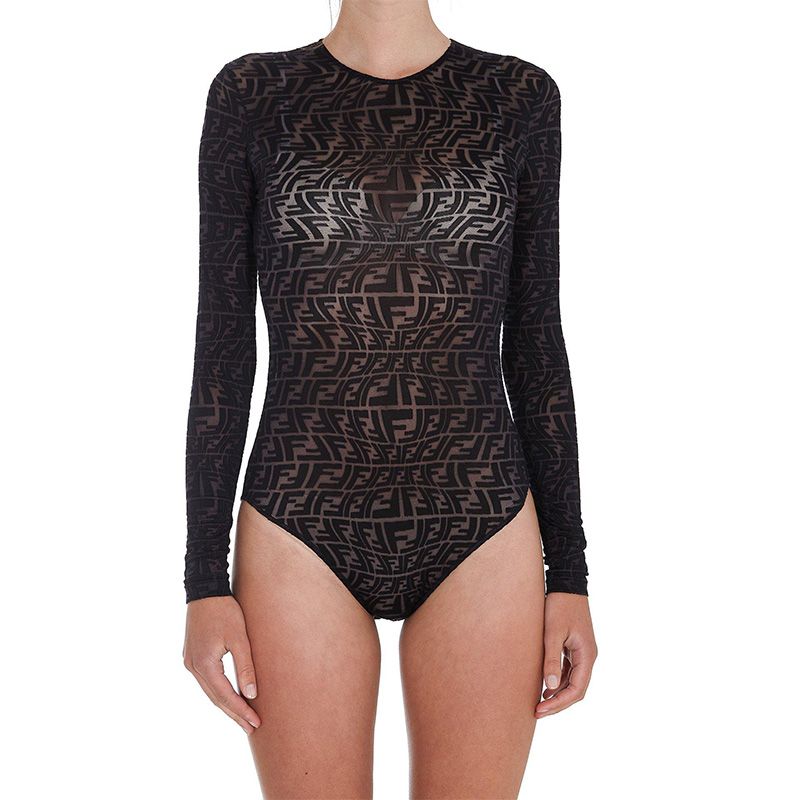 Affordable Fendi Bodysuit Women FF Fish-Eye Motif Tulle Black