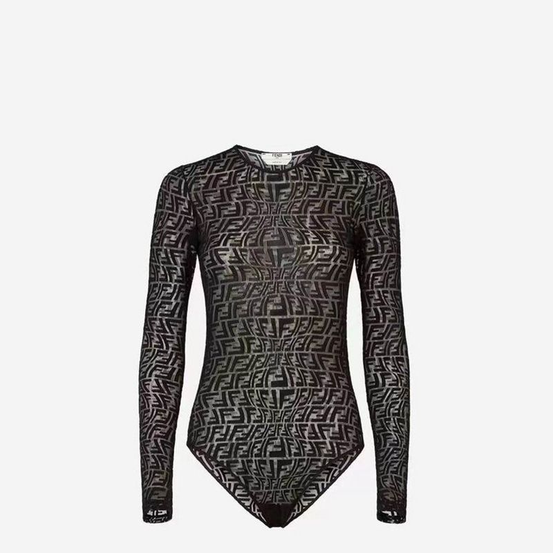 Affordable Fendi Bodysuit Women FF Fish-Eye Motif Tulle Black