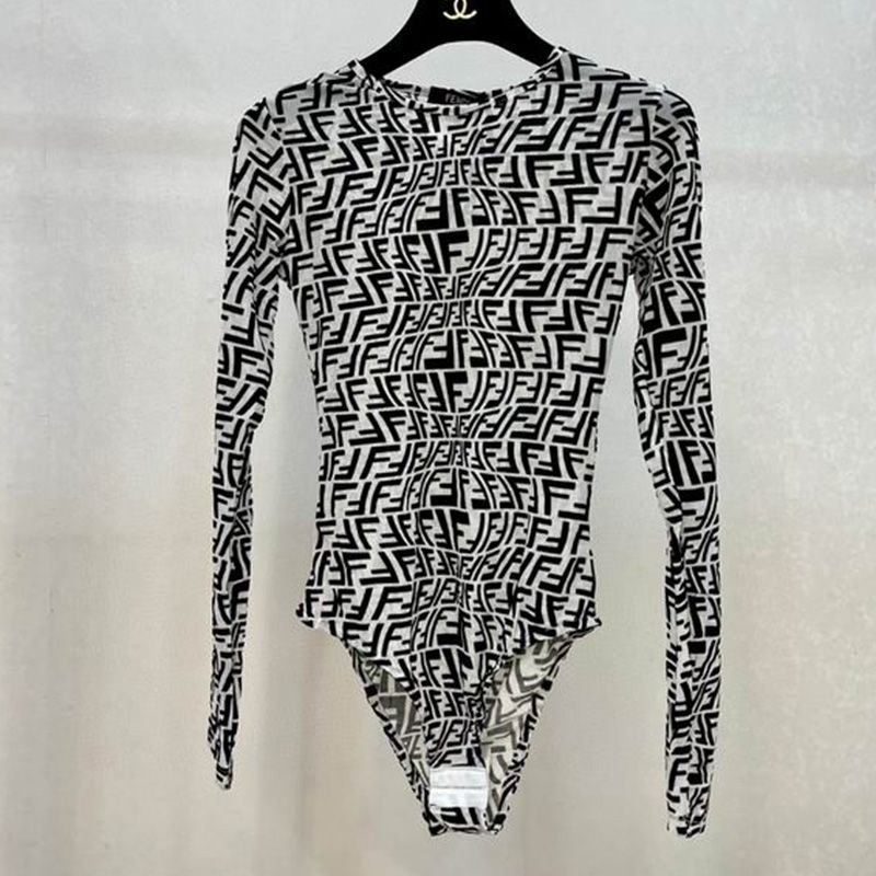 Affordable Fendi Bodysuit Women FF Fish-Eye Motif Tulle Black White