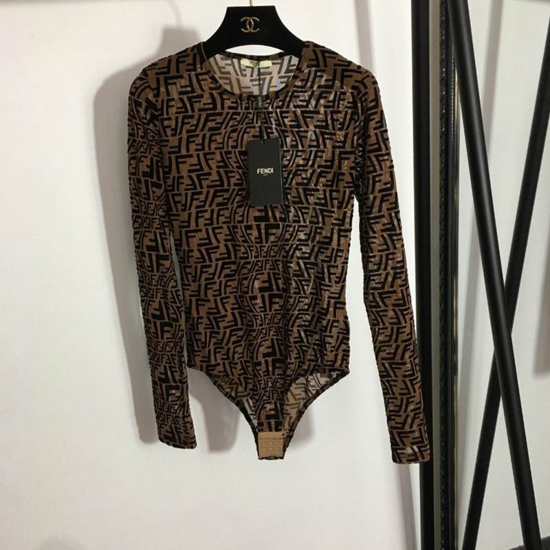 Affordable Fendi Bodysuit Women FF Fish-Eye Motif Tulle Brown