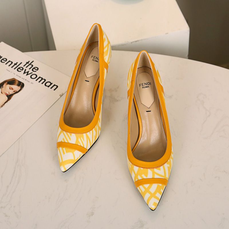 Affordable Fendi Colibri Pumps Women FF Vertigo Motif Glazed Canvas Yellow