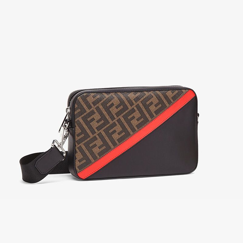 Affordable Fendi Compact Camera Case In FF Motif Fabric Brown Red