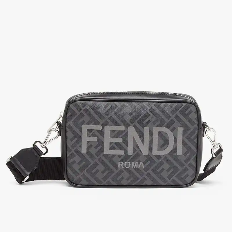 Affordable Fendi Compact Camera Case In ROMA Logo FF Motif Fabric Black