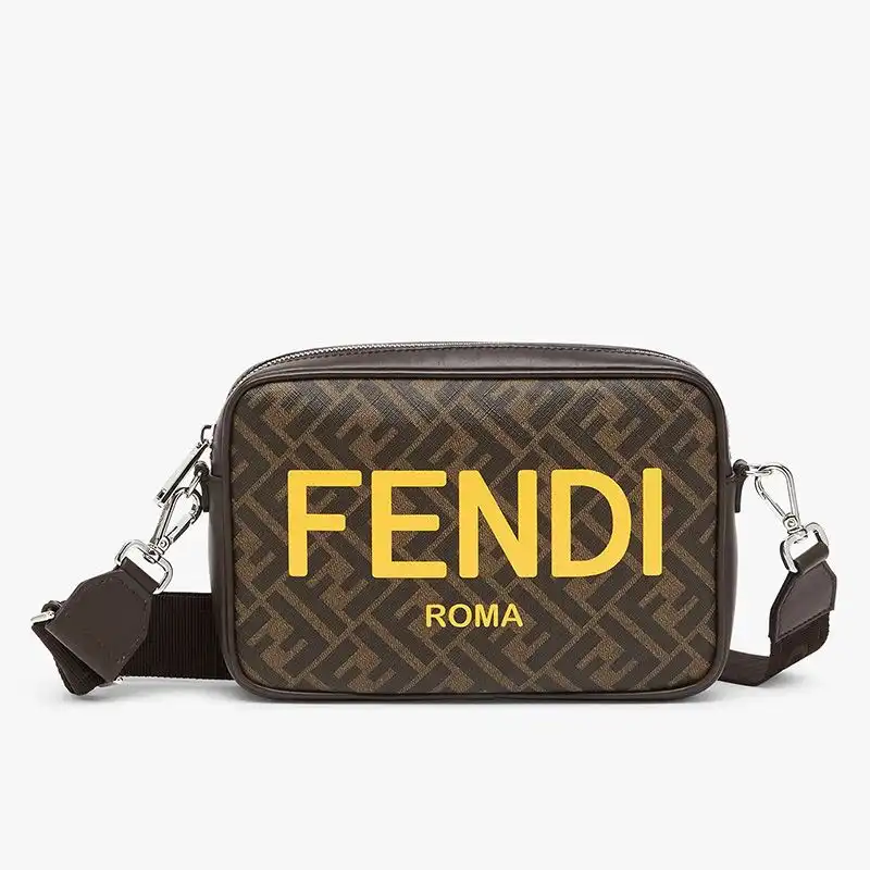 Affordable Fendi Compact Camera Case In ROMA Logo FF Motif Fabric Brown