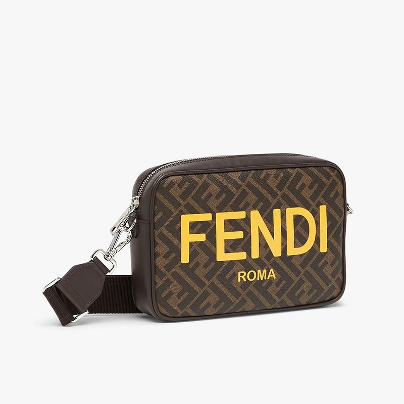 Affordable Fendi Compact Camera Case In ROMA Logo FF Motif Fabric Brown