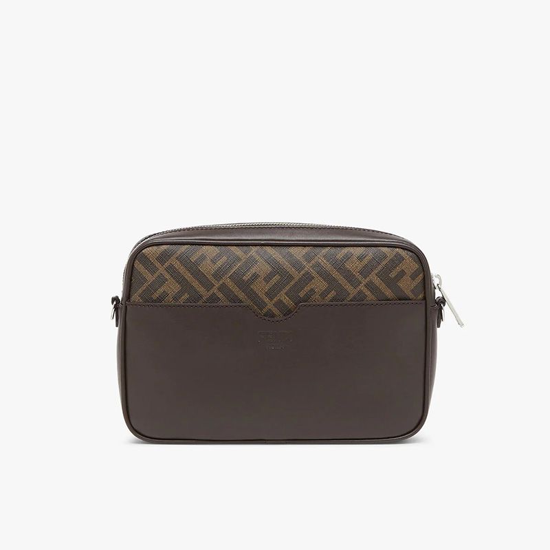 Affordable Fendi Compact Camera Case In ROMA Logo FF Motif Fabric Brown