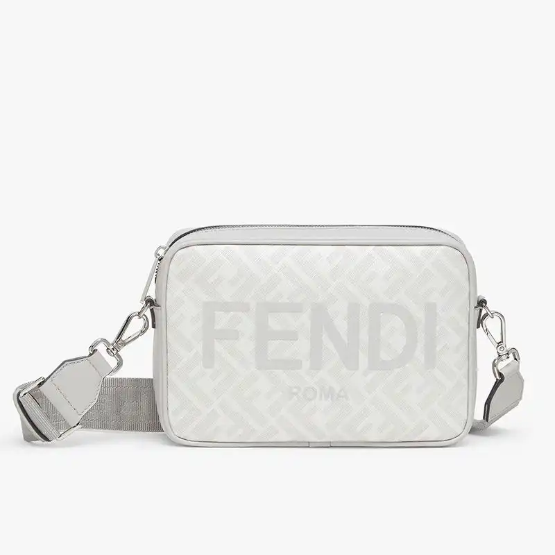 Affordable Fendi Compact Camera Case In ROMA Logo FF Motif Fabric White