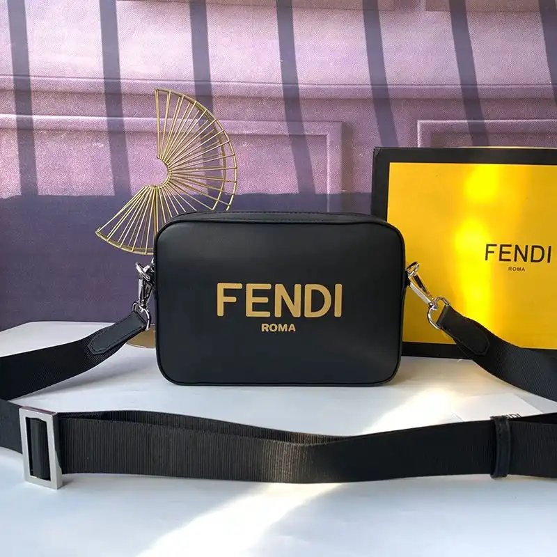 Affordable Fendi Compact Camera Case In ROMA Logo Calf Leather Black