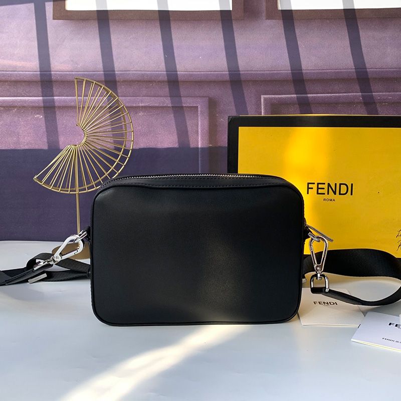 Affordable Fendi Compact Camera Case In ROMA Logo Calf Leather Black