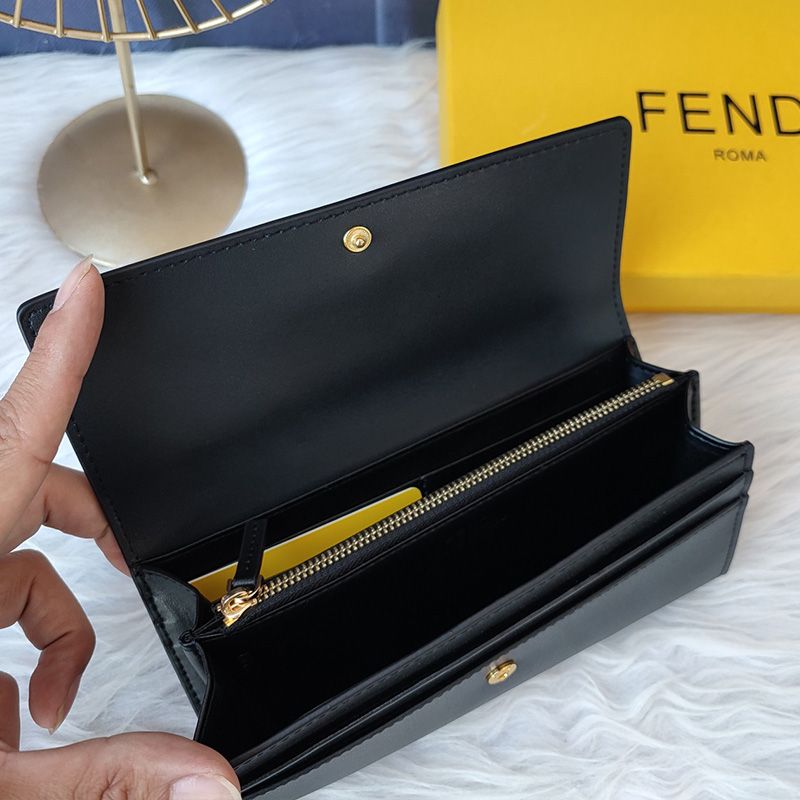 Affordable Fendi Continental Wallet In ROMA Logo Calf Leather Black