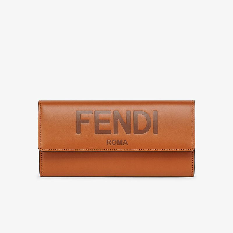 Affordable Fendi Continental Wallet In ROMA Logo Calf Leather Brown