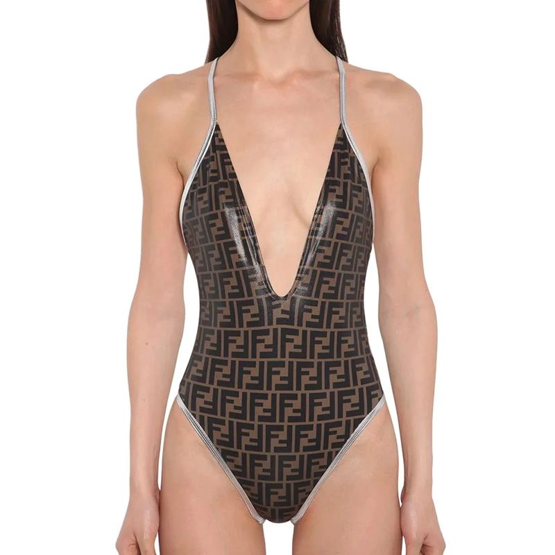 Affordable Fendi Crisscross Swimsuit Women FF Motif Lycra Brown Silver