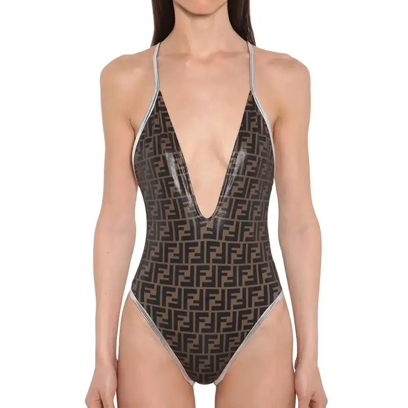 Fendi Crisscross Swimsuit Women FF Motif Lycra Brown Silver