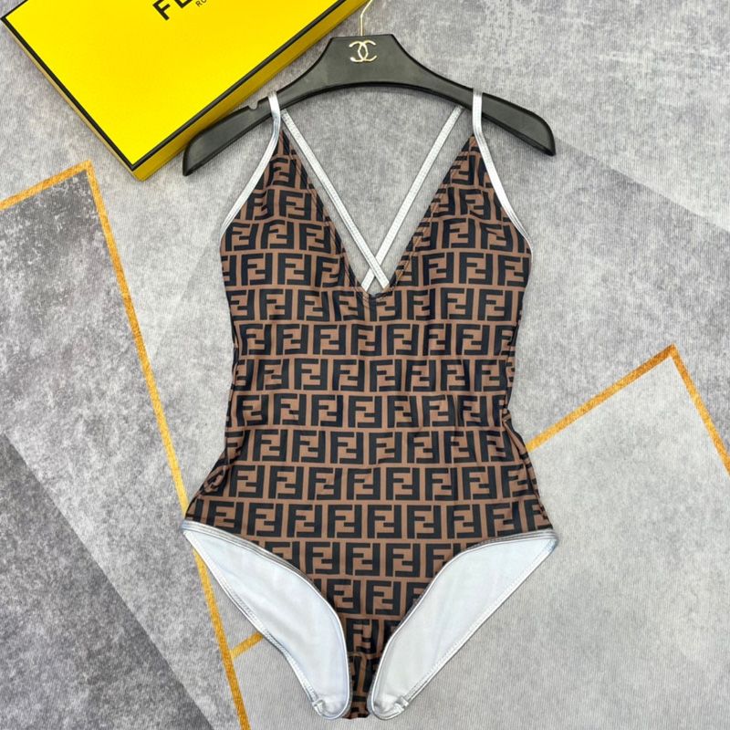 Affordable Fendi Crisscross Swimsuit Women FF Motif Lycra Brown Silver