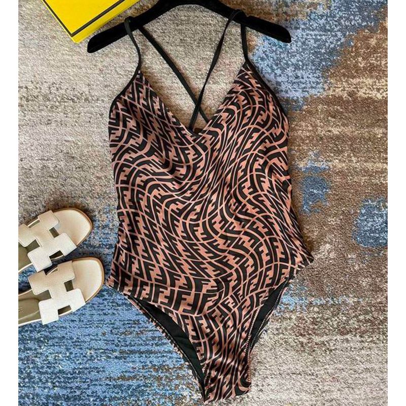 Affordable Fendi Crisscross Swimsuit Women FF Vertigo Motif Lycra Brown Black