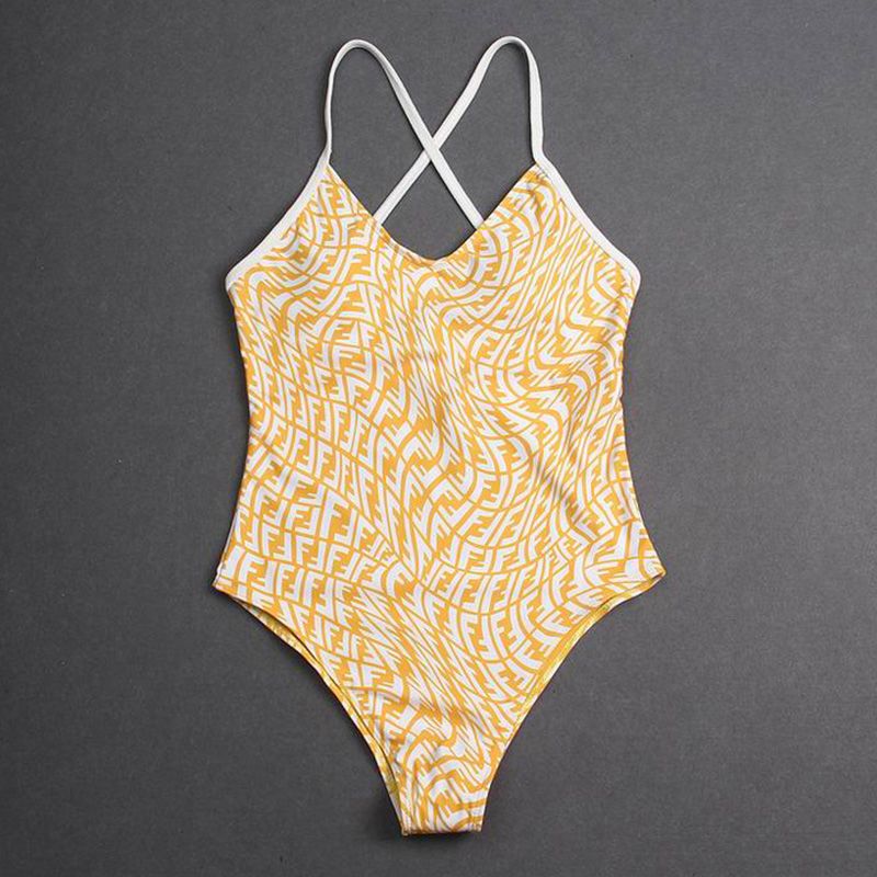 Affordable Fendi Crisscross Swimsuit Women FF Vertigo Motif Lycra Yellow