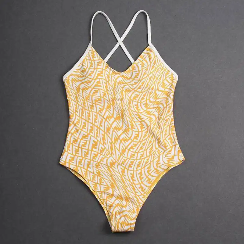 Cheap Fendi Crisscross Swimsuit Women FF Vertigo Motif Lycra Yellow