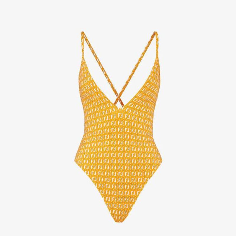 Affordable Fendi Crisscross Swimsuit Women Jacquard FF Motif Lycra Yellow