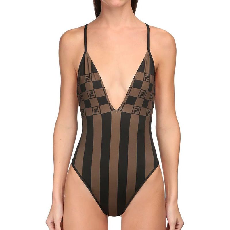 Affordable Fendi Crisscross Swimsuit Women Vichy Pequin Motif Lycra Brown