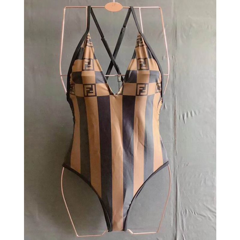 Affordable Fendi Crisscross Swimsuit Women Vichy Pequin Motif Lycra Brown