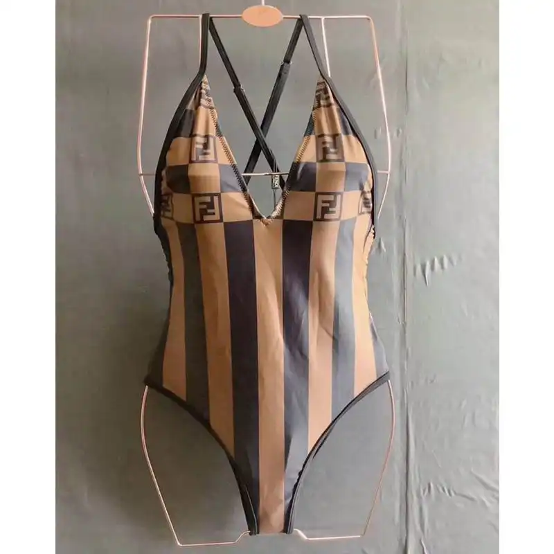 Cheap Fendi Crisscross Swimsuit Women Vichy Pequin Motif Lycra Brown