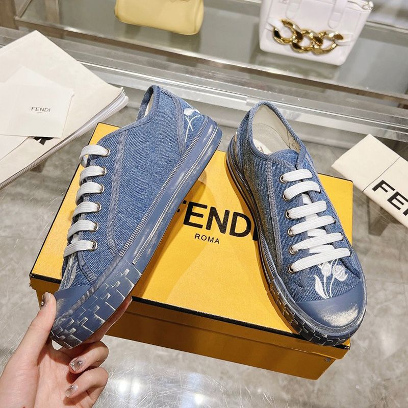 HOT Fendi Domino Sneakers Unisex Floral Motif Denim Blue