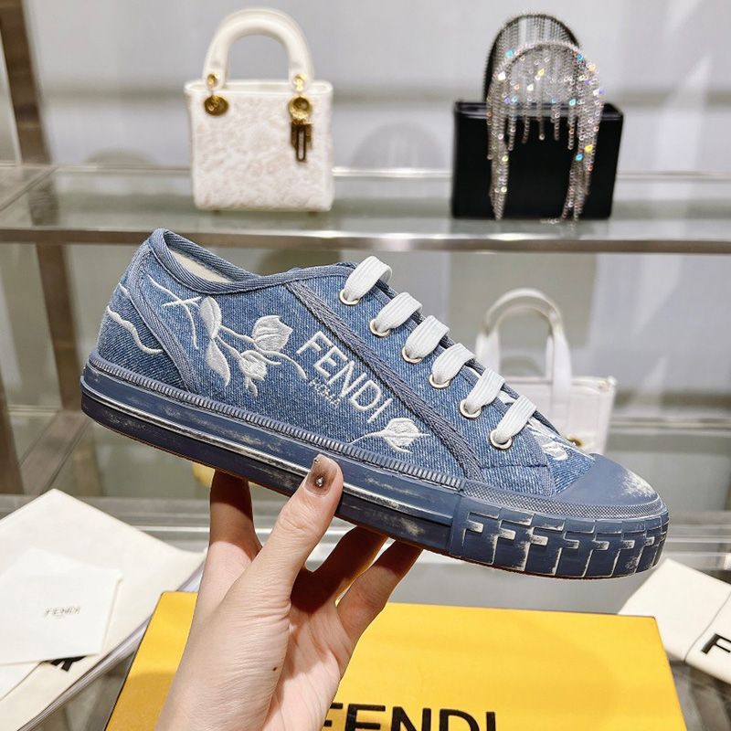 HOT Fendi Domino Sneakers Unisex Floral Motif Denim Blue