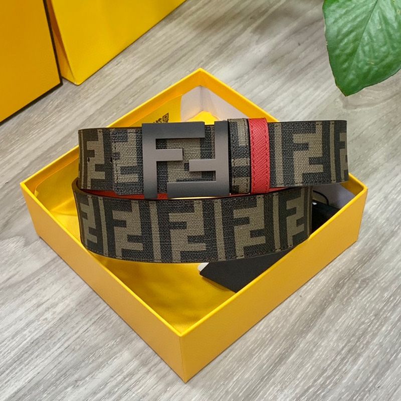 Affordable Fendi Enamel FF Buckle Reversible Belt In FF Motif Fabric and Calfskin Brown Black