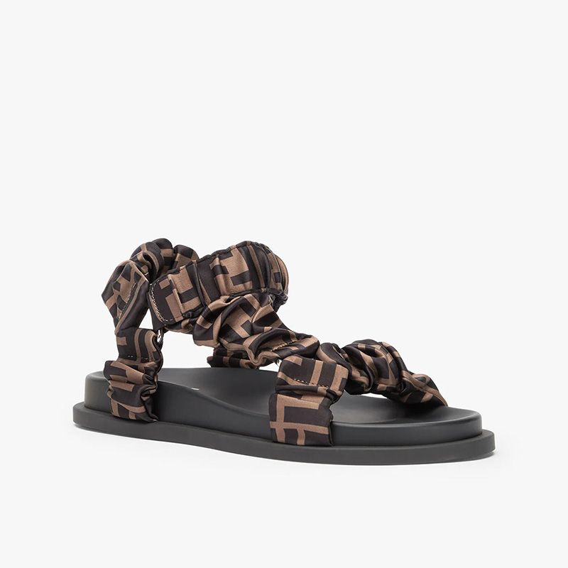 Affordable Fendi Feel Flat Sandals Women FF Motif Satin Brown