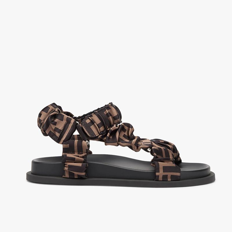 Affordable Fendi Feel Flat Sandals Women FF Motif Satin Brown