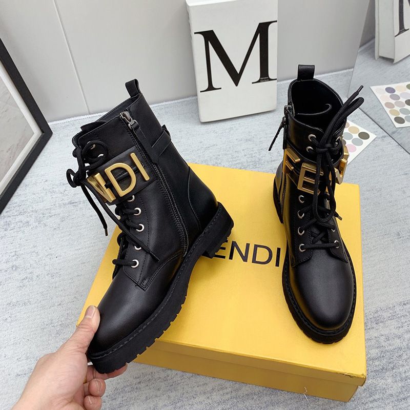 Affordable Fendi Fendigraphy Combat Boots Women Leather Black