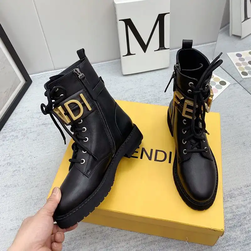 Cheap Fendi Fendigraphy Combat Boots Women Leather Black