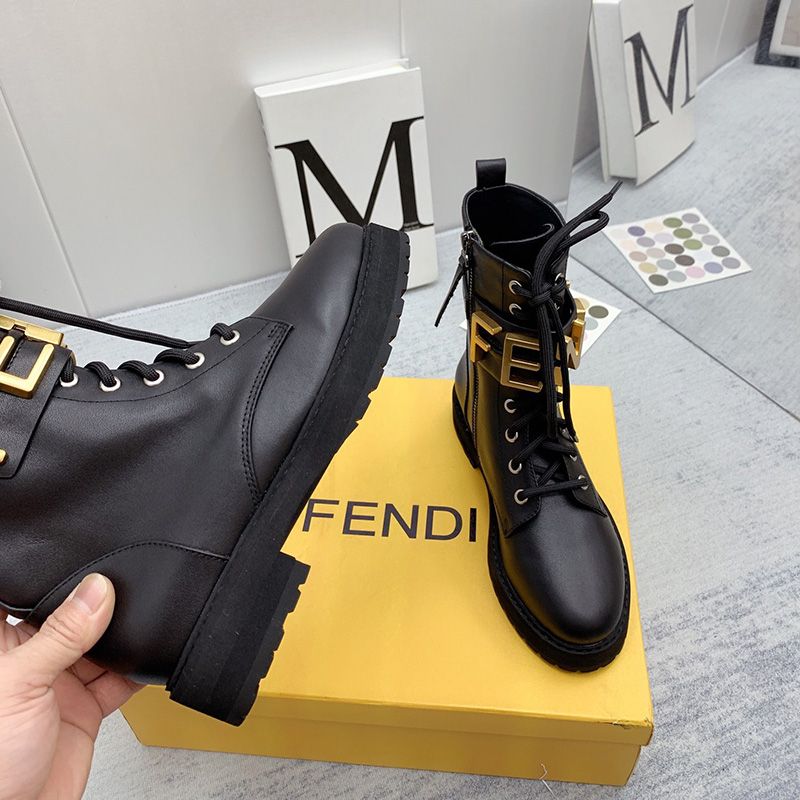 Affordable Fendi Fendigraphy Combat Boots Women Leather Black