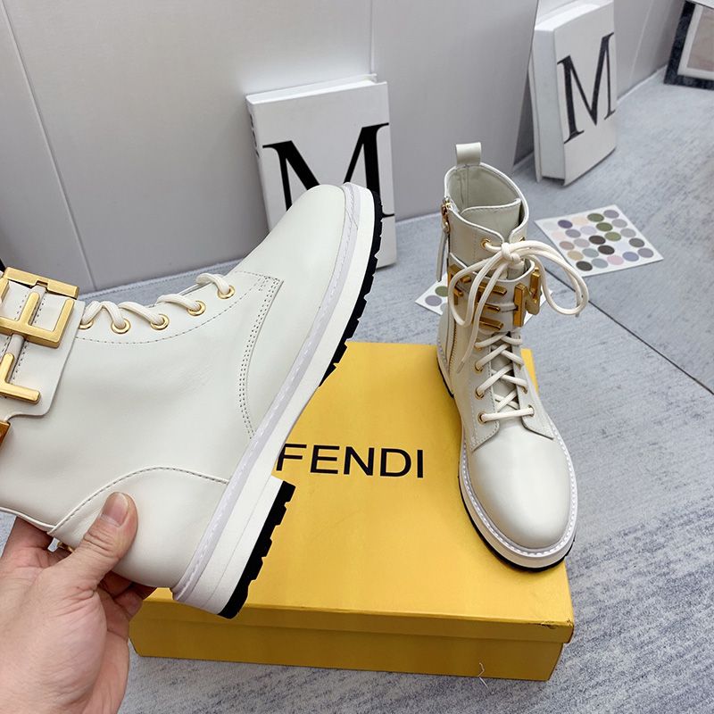 Affordable Fendi Fendigraphy Combat Boots Women Leather White