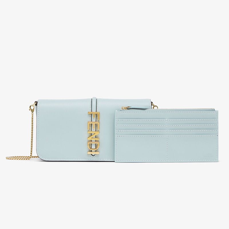 Affordable Fendi Fendigraphy Wallet with Chain In Calf Leather Sky Blue