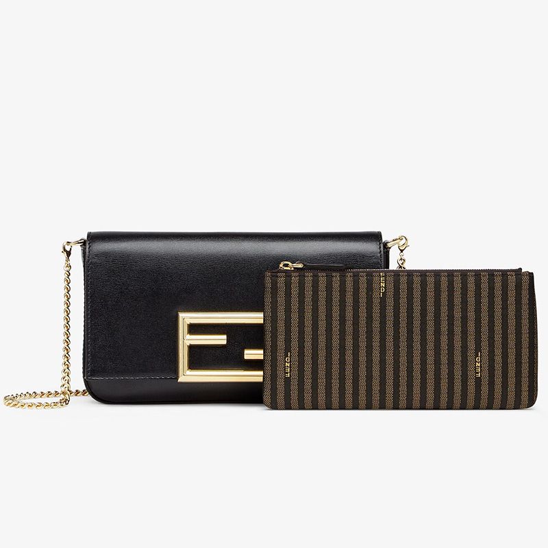 Affordable Fendi FF Wallet On Chain With Pouches In Calf Leather Black