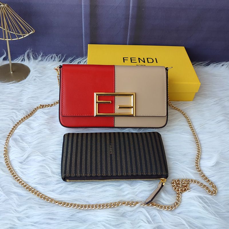 Affordable Fendi FF Wallet On Chain With Pouches In Calf Leather Red Pink