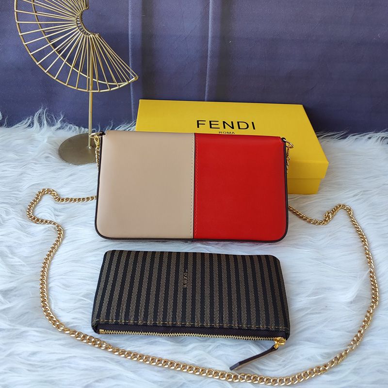 Affordable Fendi FF Wallet On Chain With Pouches In Calf Leather Red Pink