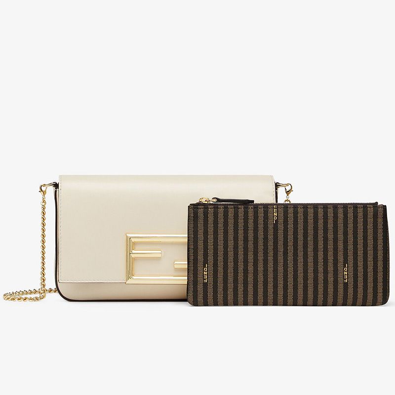 Affordable Fendi FF Wallet On Chain With Pouches In Calf Leather White