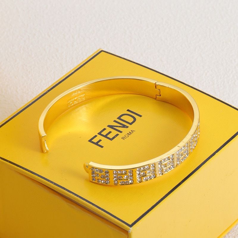 HOT Fendi FF Ragid Bracelet In Metal with Crystals Gold