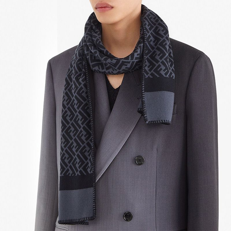 Affordable Fendi FF Rectangular Scarf Man In Silk and Wool Black