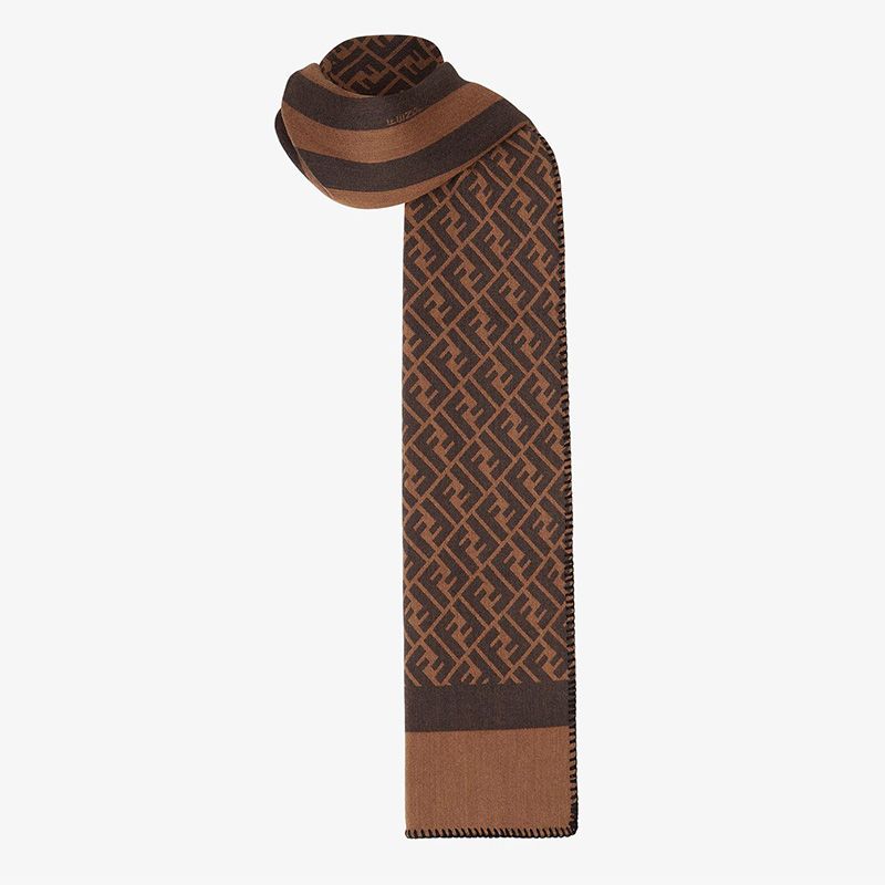 Affordable Fendi FF Rectangular Scarf Man In Silk and Wool Brown