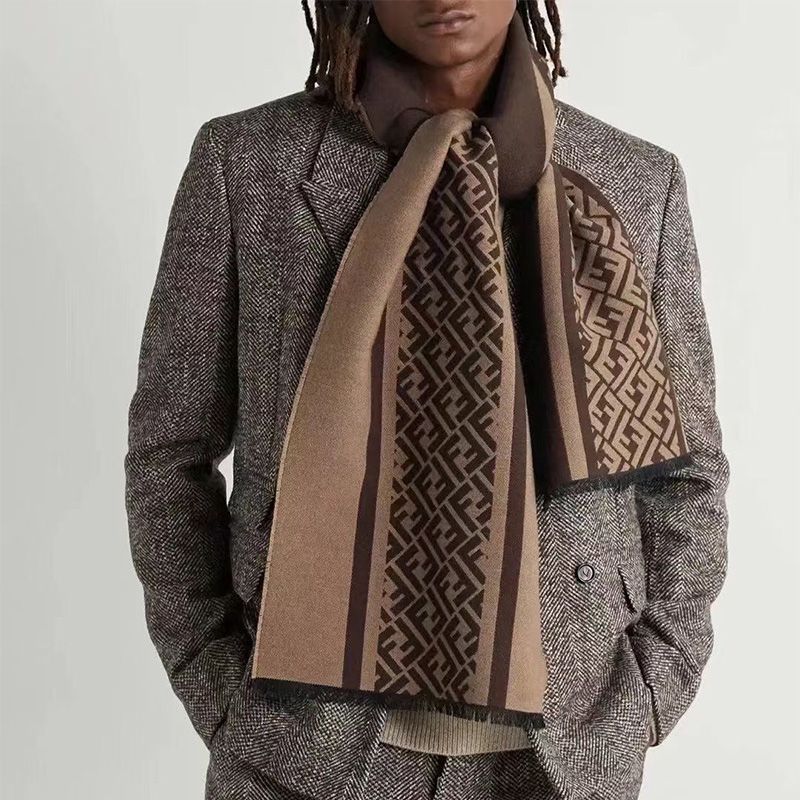 Affordable Fendi FF Rectangular Scarf Man In Wool Brown