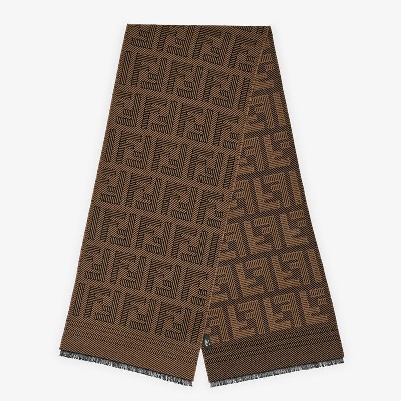 Affordable Fendi FF Rectangular Scarf Man In Wool and Silk Brown