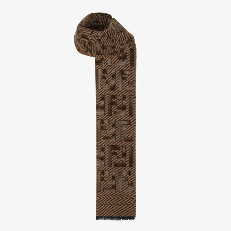 Affordable Fendi FF Rectangular Scarf Man In Wool and Silk Brown